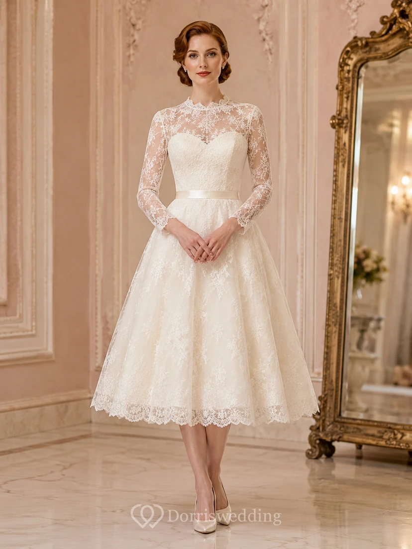 Vestido de novia formal vintage de largo midi, estilo barco, con mangas largas de encaje y estilo modesto.