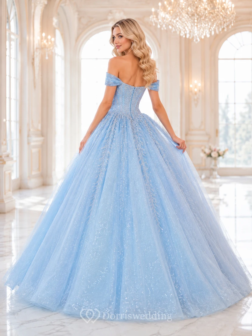 Sky Blue Fairytale Off Shoulder Sweetheart Glitter Tulle Quinceanera Princess Ball Gown view 2