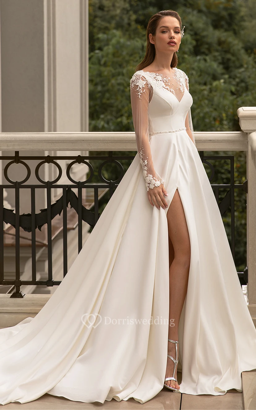 Hochwertiges A-Linien-Brautkleid aus Satin mit V-Ausschnitt, Kapellenschleppe, langen Ärmeln und Schlitz vorne view 3