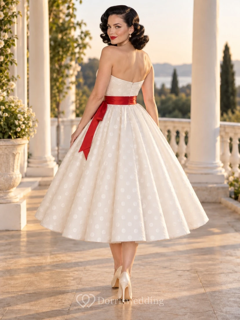 Trägerloses Rockabilly-Kleid mit roten Punkten und Schärpe in Teelänge und A-Linie view 2
