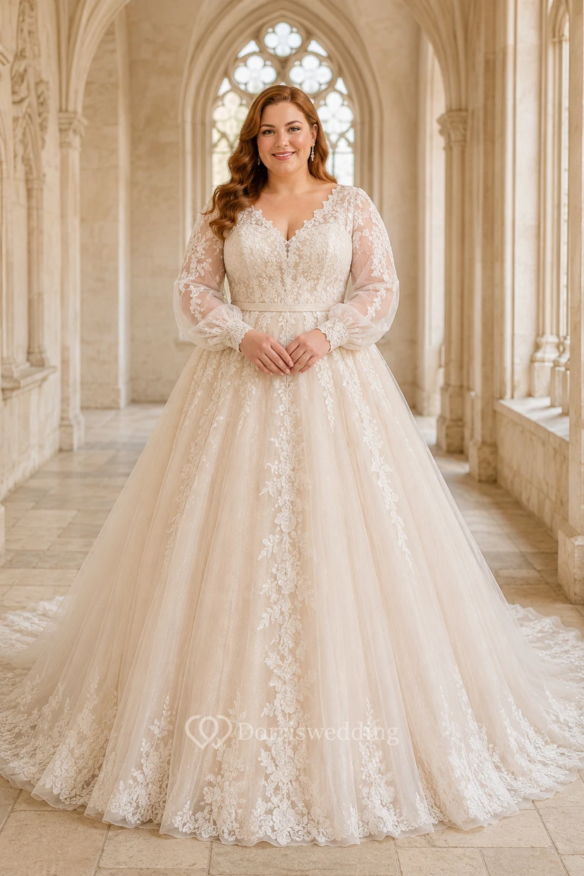 Vestido de novia de gala de encaje con mangas largas y talla grande