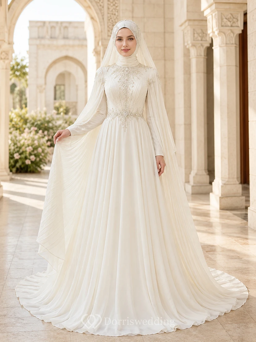 Vestido de novia musulmán de gasa plisada con mangas tipo capa y cuello alto, corte en A