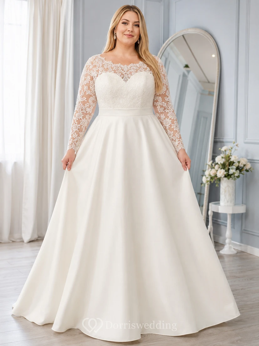 Robe de mariée de bal en satin, col bijou, manches longues illusion, dentelle, taille moyenne, grande taille.