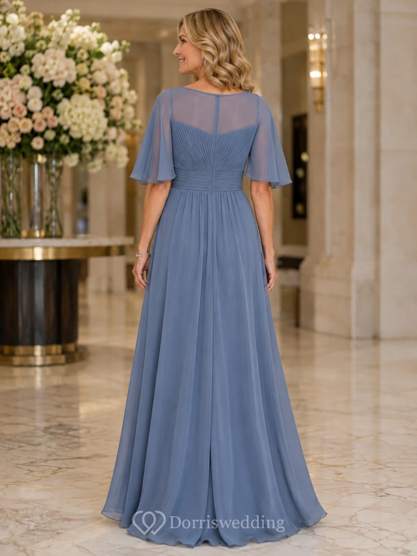 Schieferblaues, elegantes, formelles Mutterkleid aus Chiffon mit U-Boot-Ausschnitt, flatternden Ärmeln und Falten view 2