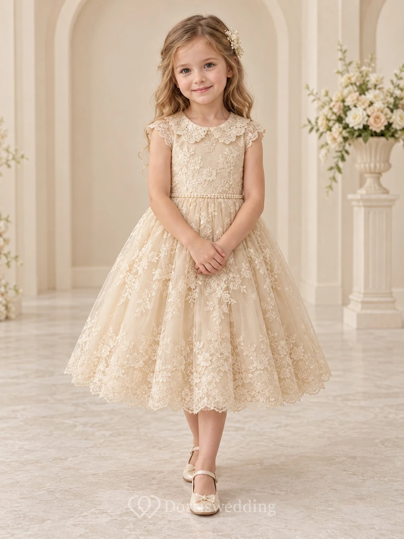 Tea-length Vintage Champagne Floral A-line Lace Cap-sleeve Collared Flower Girl Dress