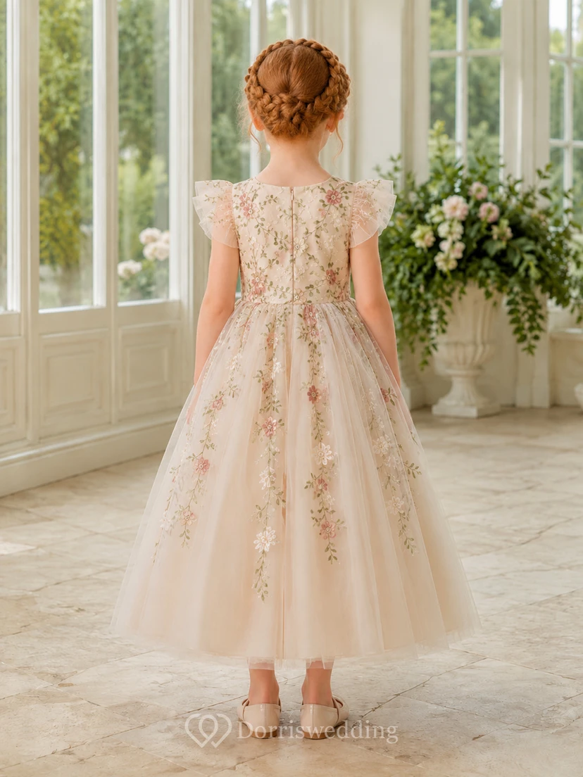 Ivory Floral Vine Embroidered Flower Girl Gown with Petal Sleeves, Tulle A-Line, Botanical Appliques, and Tea-Length Skirt view 2