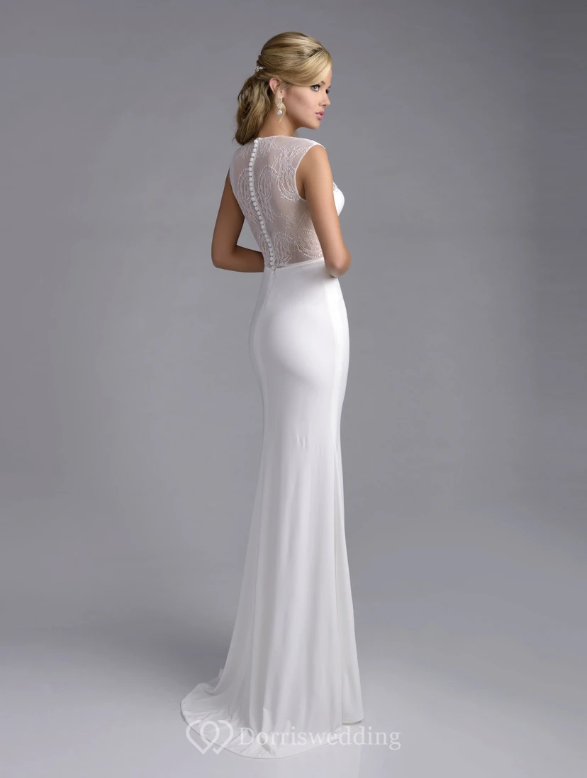 Satin Chiffon Column Simple Wedding Dress With Lace Embellishment And Pearls view 2
