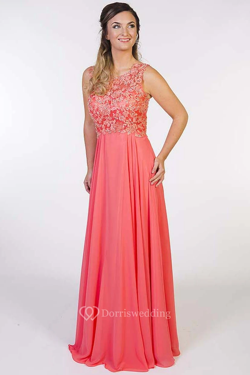 Bodenlanges, ärmelloses Chiffon-Abendkleid mit Perlenbesatz, Rundhalsausschnitt, Falten und Applikationen