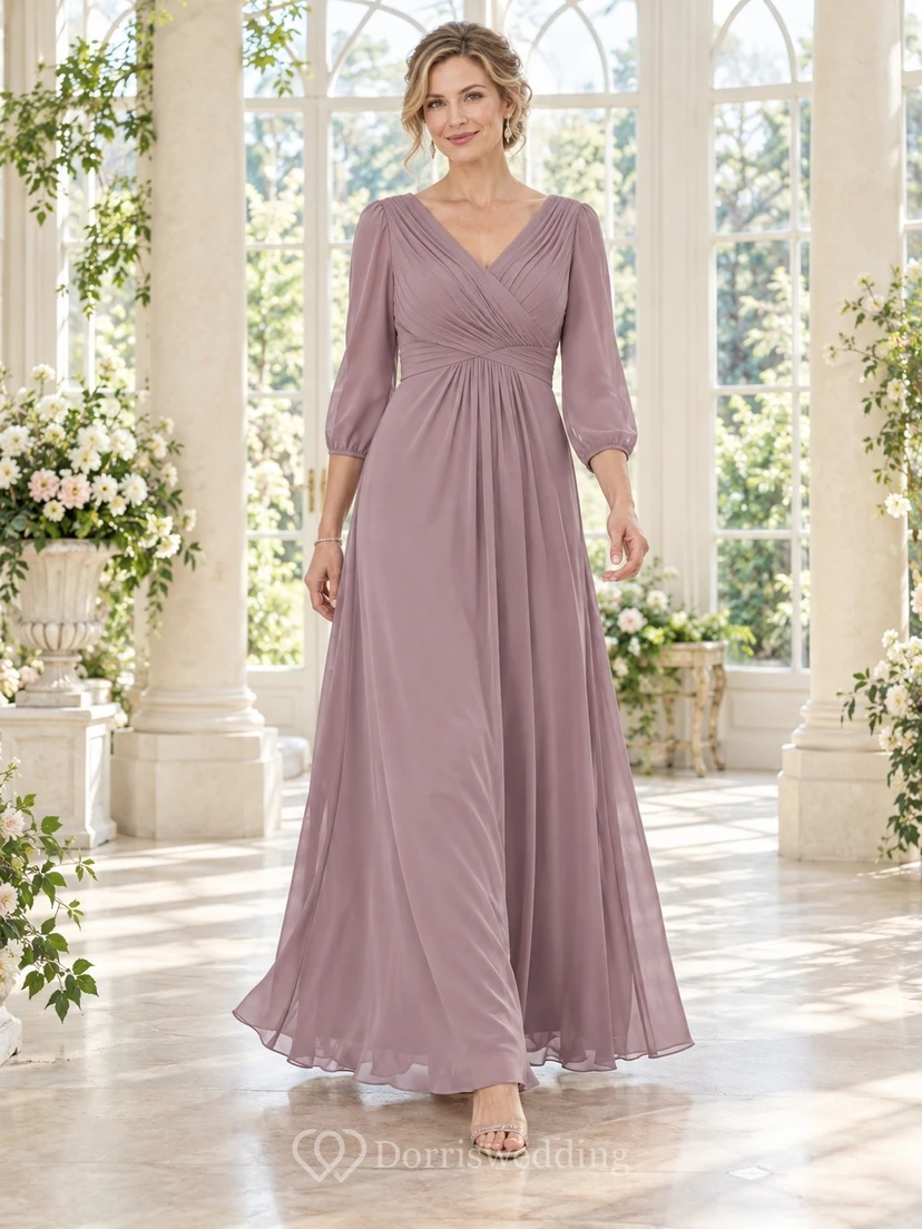 Vestido de gasa de corte A, estilo imperio, con escote en V, manga tres cuartos y largo hasta los tobillos, color malva, para la madre de la novia.