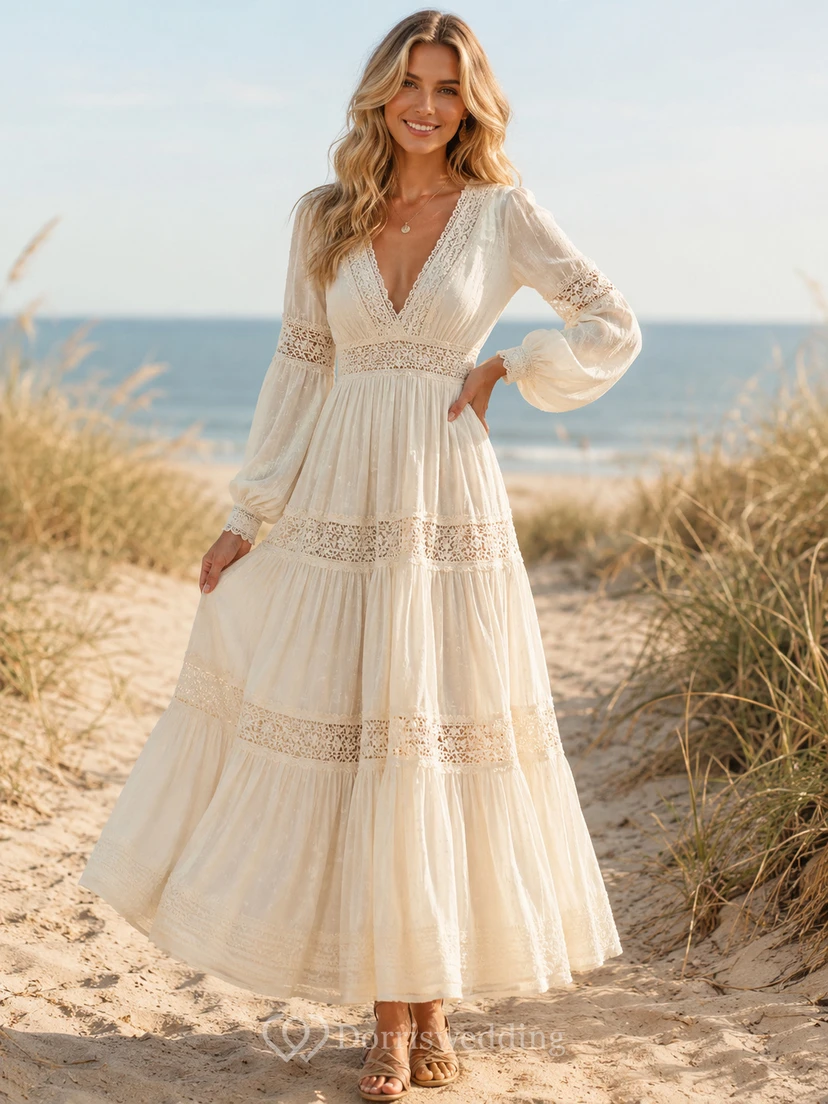 Robe de mariée bohème à col en V, manches poétiques, en mousseline et dentelle à volants, style plage