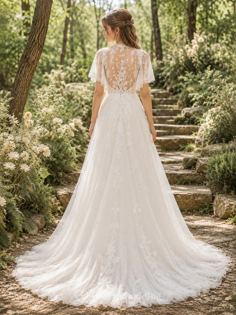Robe de mariée bohème longue en tulle et dentelle, col montant illusion, manches courtes, coupe trapèze, style bateau, inspirée des bois view 2