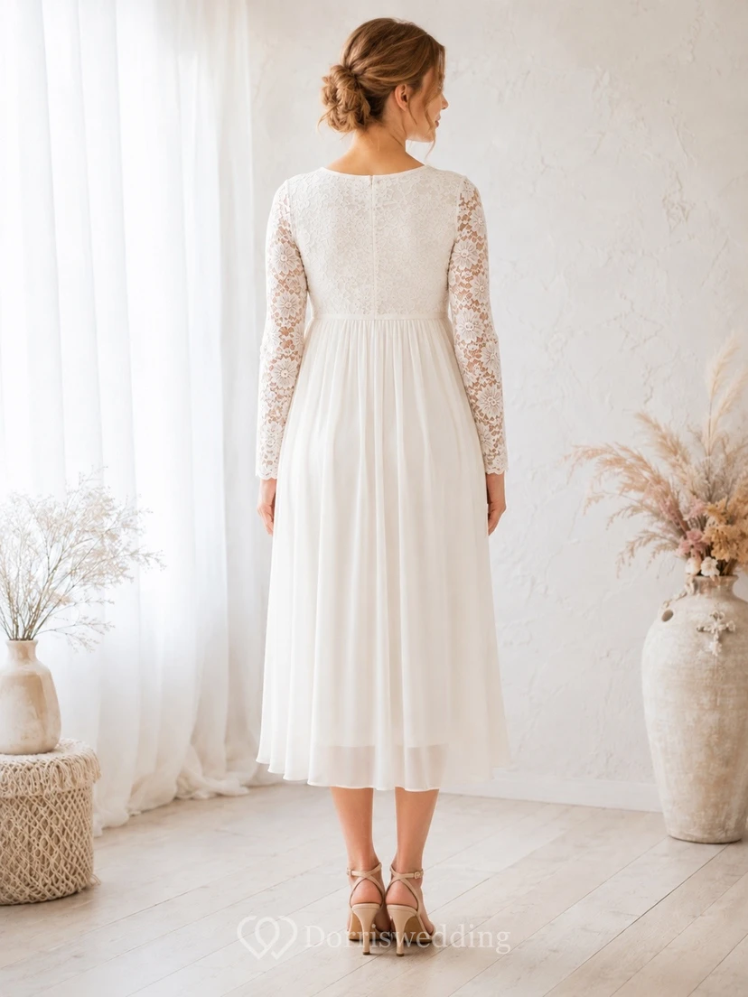 Maternity Long Sleeve Scoop Neck Tea-Length Lace Empire Dress view 2