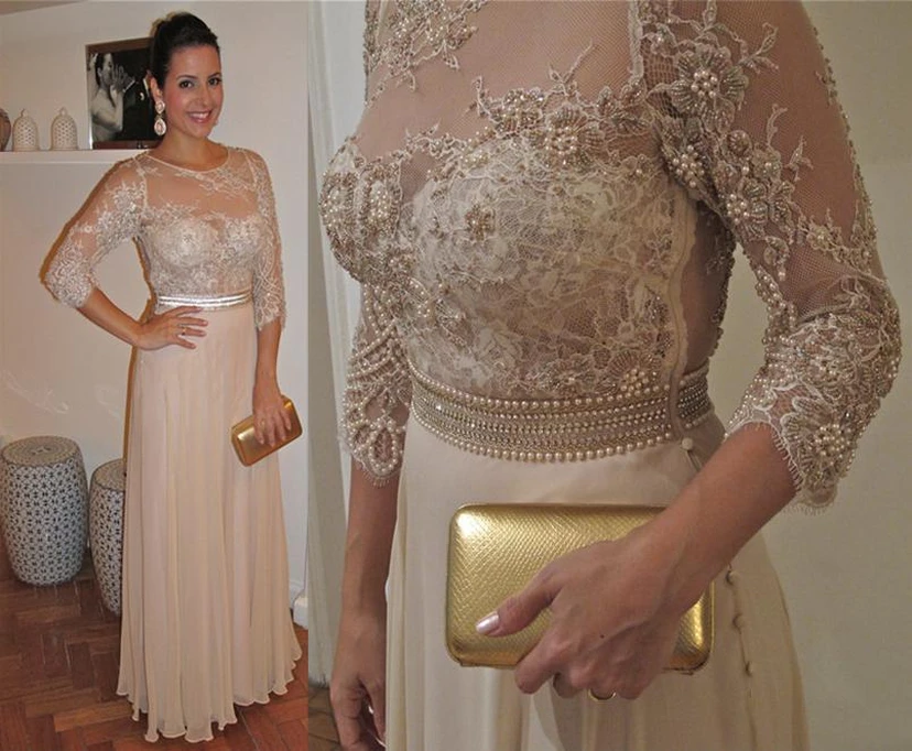 New Lace Prom Gowns 3-4 Sleeves Chiffon Party Dresses With Pearls view 4