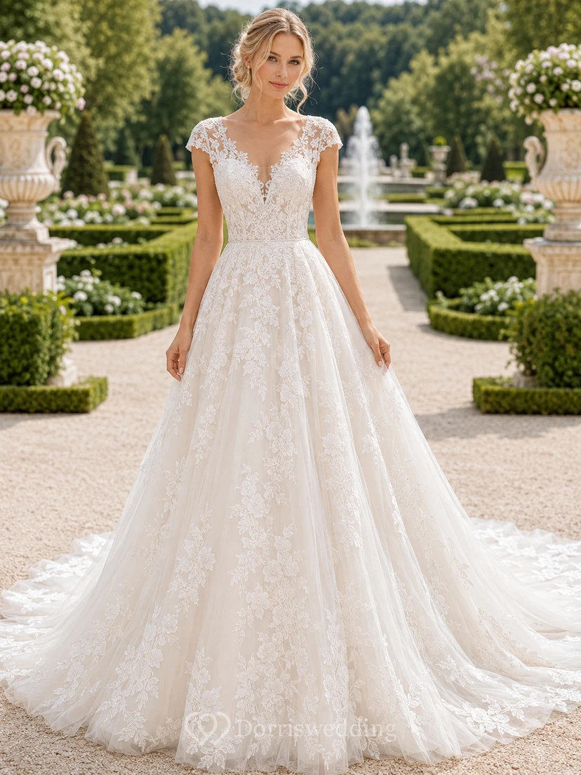 Brautkleid im französischen Gartenstil mit kurzen Ärmeln und Spitze in A-Linie