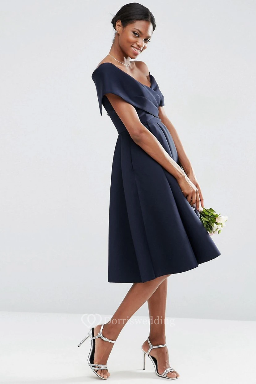 A-Line V-Neck Knee-Length Ruched Satin Bridesmaid Dress view 3