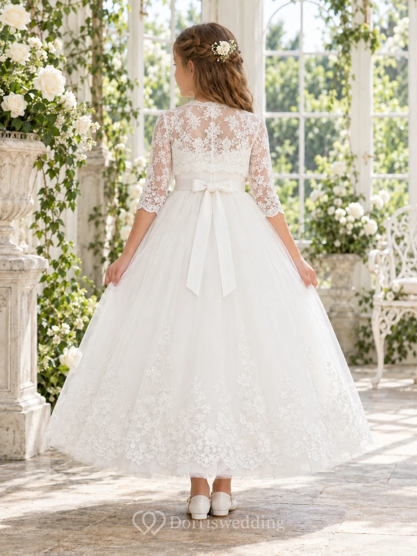 Vestido de niña de flores blanco de corte A, encaje y tul, largo hasta los tobillos, manga tres cuartos, estilo bolero, con lazo en la espalda. view 2