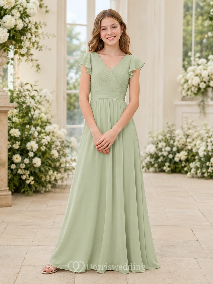 Pistazienfarbenes Brautjungfernkleid für junge Damen, A-Linie, V-Ausschnitt, kurze Ärmel, Rüschen, romantisch, formell