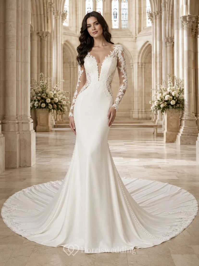 Vestido de novia formal de sirena con escote en V y manga larga, estilo modesto.