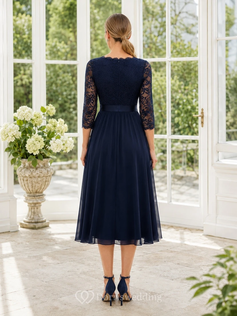 Ink Navy V-Neck Three-Quarter Lace Sleeve Tea-Length Dress view 2