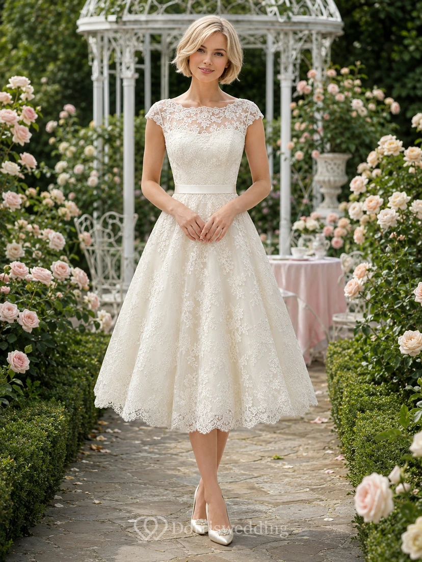 Petite Vintage Brautkleid aus Spitze, Teelänge, kurzen Ärmeln und A-Linie