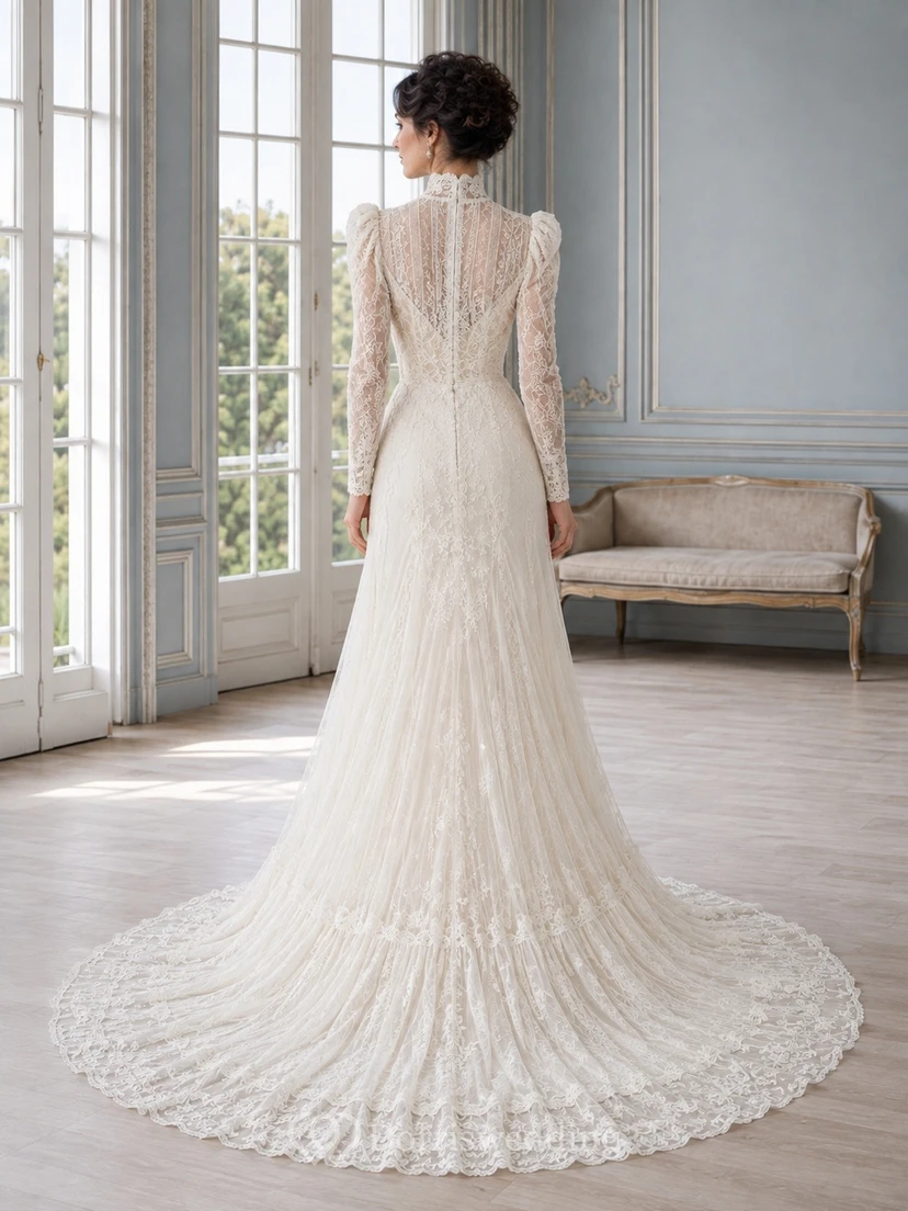 Vestido de novia blanco de encaje, estilo sirena, de manga larga y corte modesto, de estilo vintage. view 2
