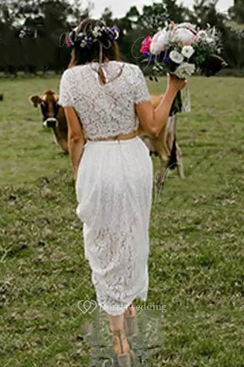 Jewel T-shirt Short Sleeve Ankle-length Lace A-Line Sheath Wedding Dress view 2