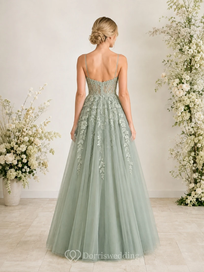 Sage Lace Bodice Tulle A-Line Evening Gown Classic view 2