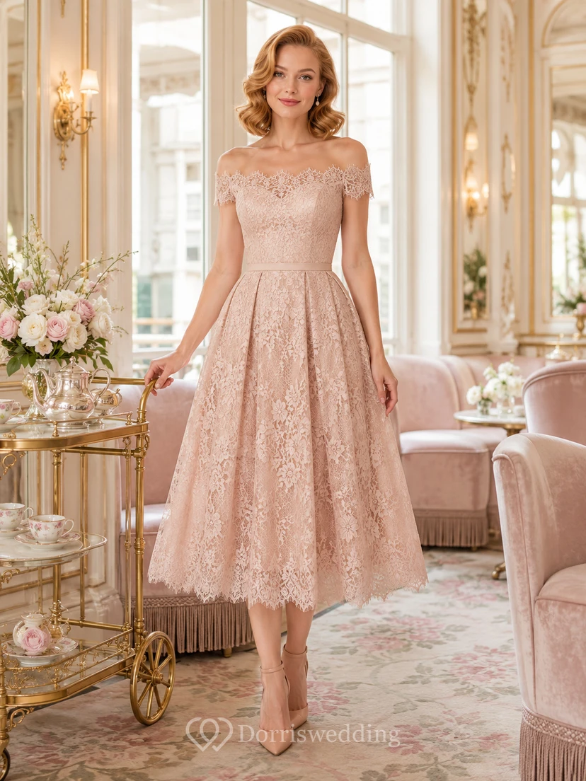 Blushing Pink Bridal Luncheon Cap Sleeve Lace Tea Length A Line Dress