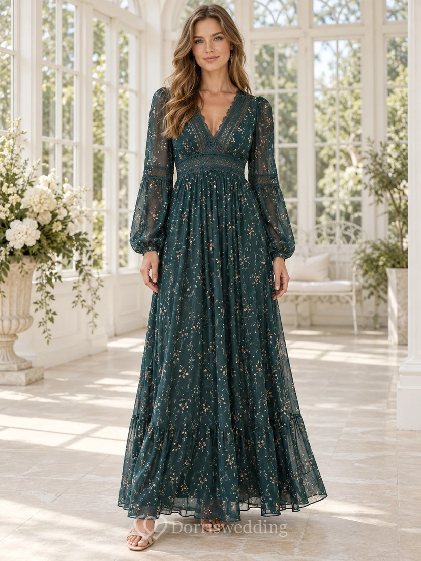 Boho-Pfauen-Langarmkleid mit V-Ausschnitt und Blumenmuster für Hochzeitsgäste