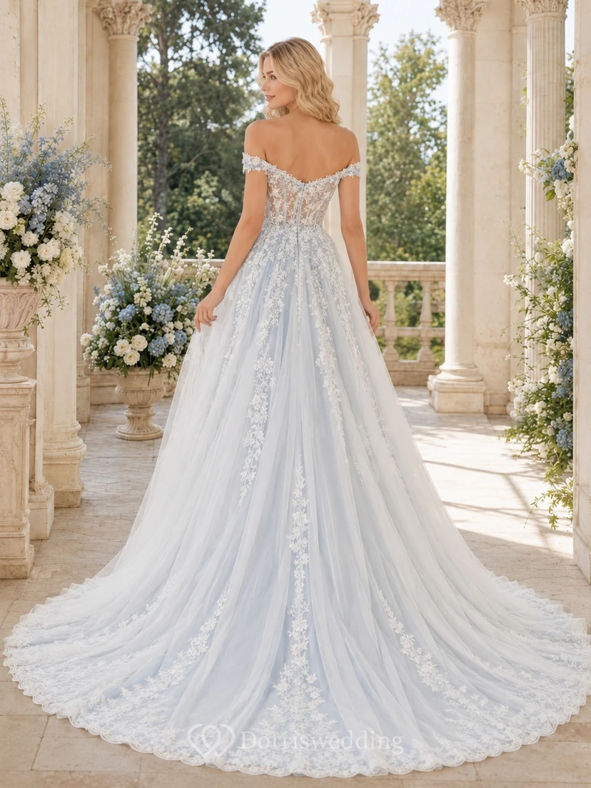 Himmelblaues, blühendes A-Linien-Brautkleid aus Spitze mit schulterfreiem Ausschnitt und kurzen Ärmeln – romantisches Brautkleid view 2