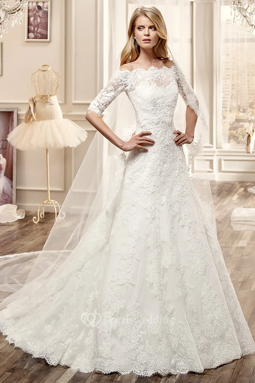 Off-Shoulder Lace Wedding Dress With Half Sleeve And Appliques