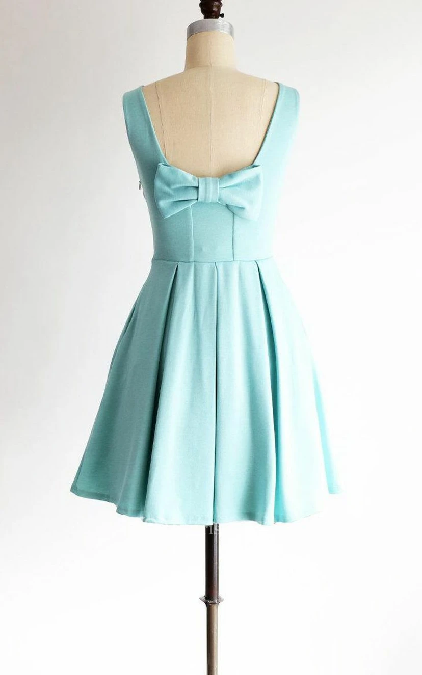 Kurzes Brautjungfernkleid in Mintgrün, A-Linien-Cocktailkleid mit U-Boot-Ausschnitt und Faltenrock view 5