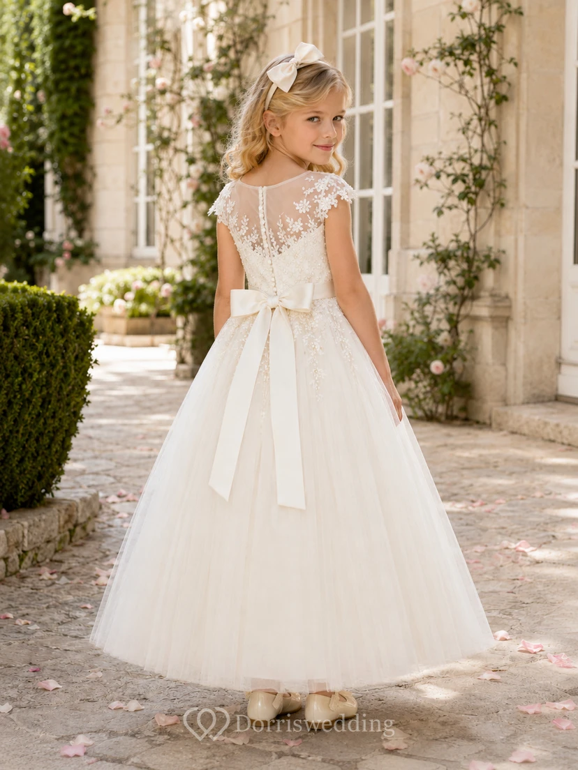 Elegante y romántico vestido de niña de las flores con cuello joya, mangas cortas, encaje, tul y lazo hasta el suelo. view 2