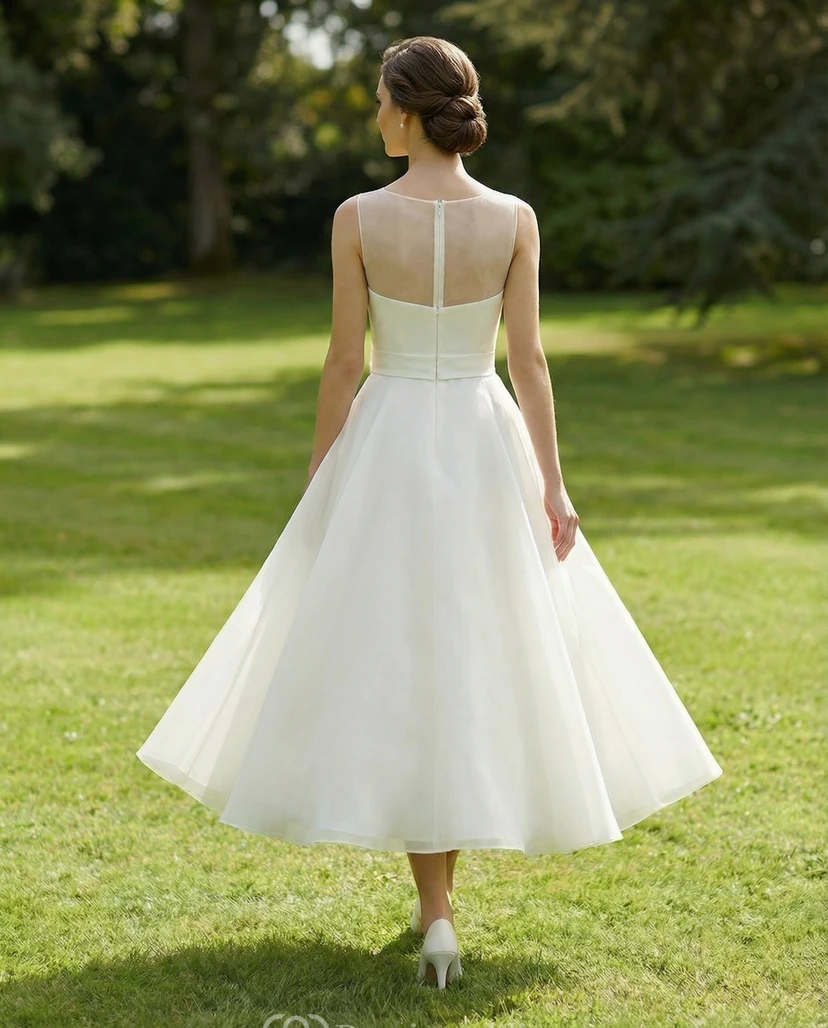 Vestido de novia de largo midi con escote ilusión y detalles florales view 2