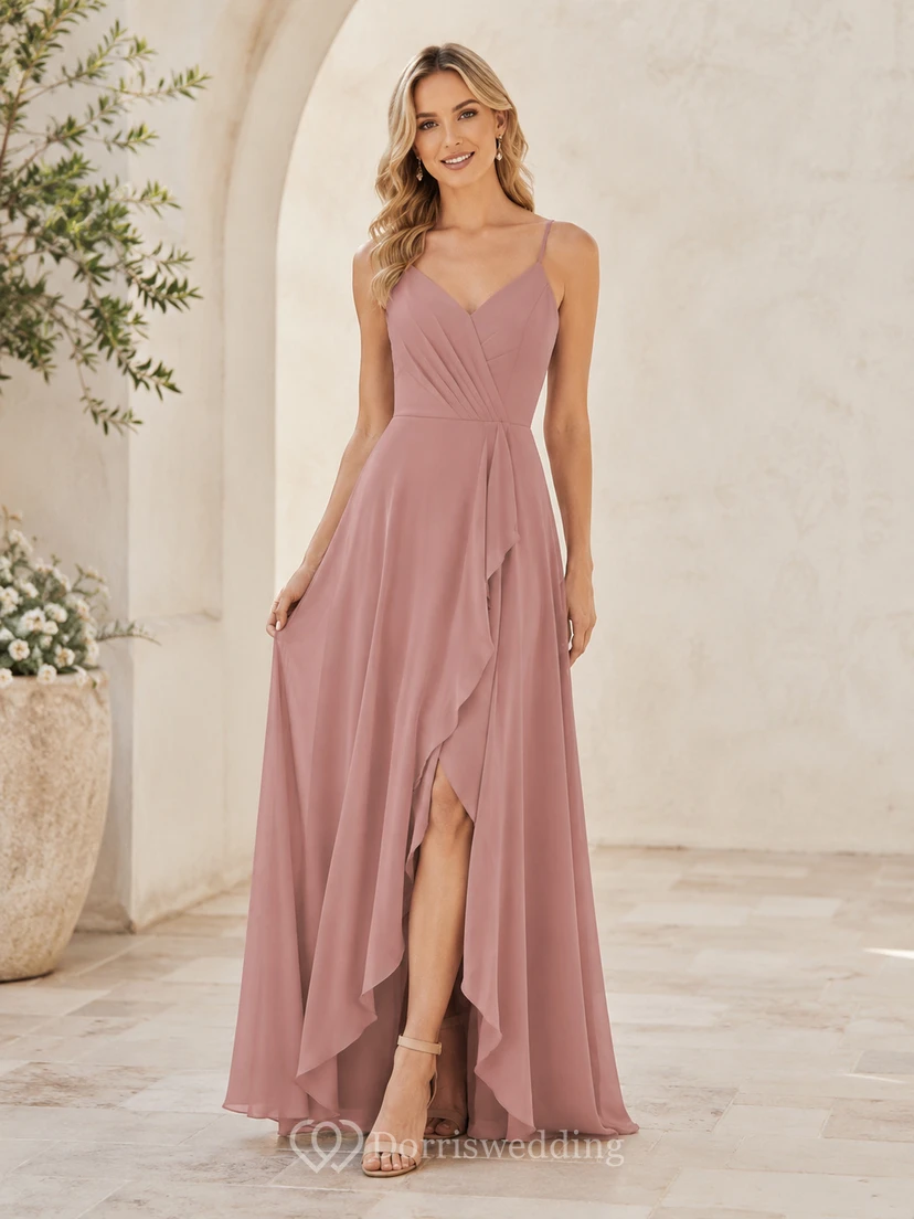 Dusty rose spaghetti strap slit chiffon floor length dress
