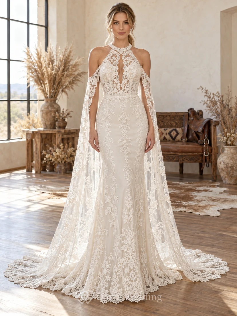 Boho Western Halter Open Back Cape Sleeve Lace Mermaid Wedding Dress