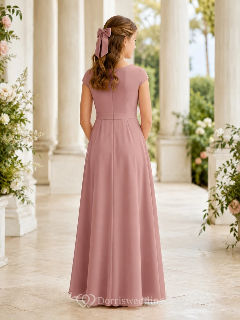 Minimalistisches, altrosafarbenes Chiffon-Brautjungfernkleid mit kurzen Ärmeln, Schmucksteinen, A-Linie und Teelänge view 2