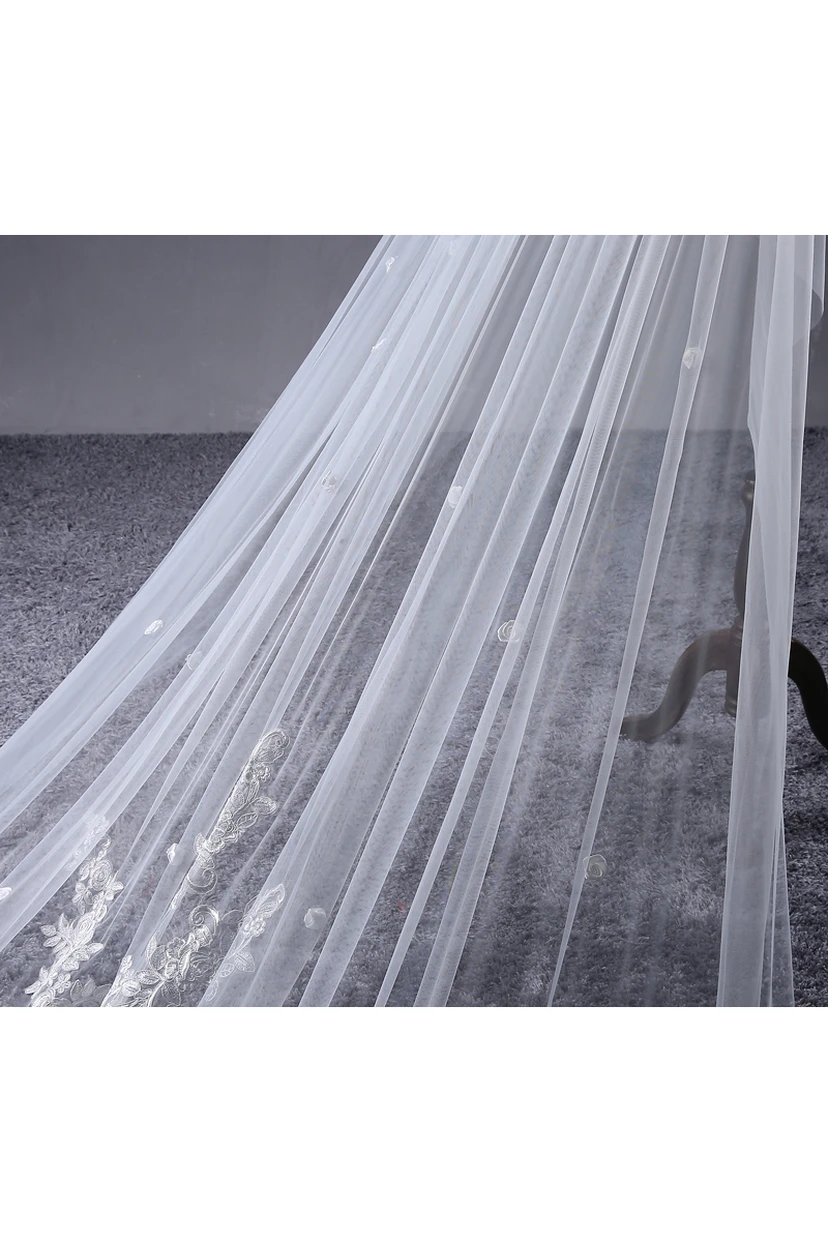 Ethereal Long Tulle Wedding Veil with Lace and Flower Appliques view 3