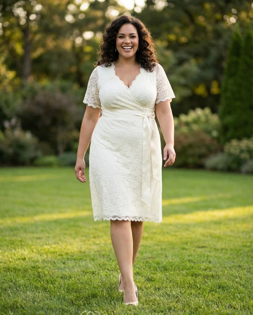 Short Sleeve A-Line Lace Dress with Satin Waist