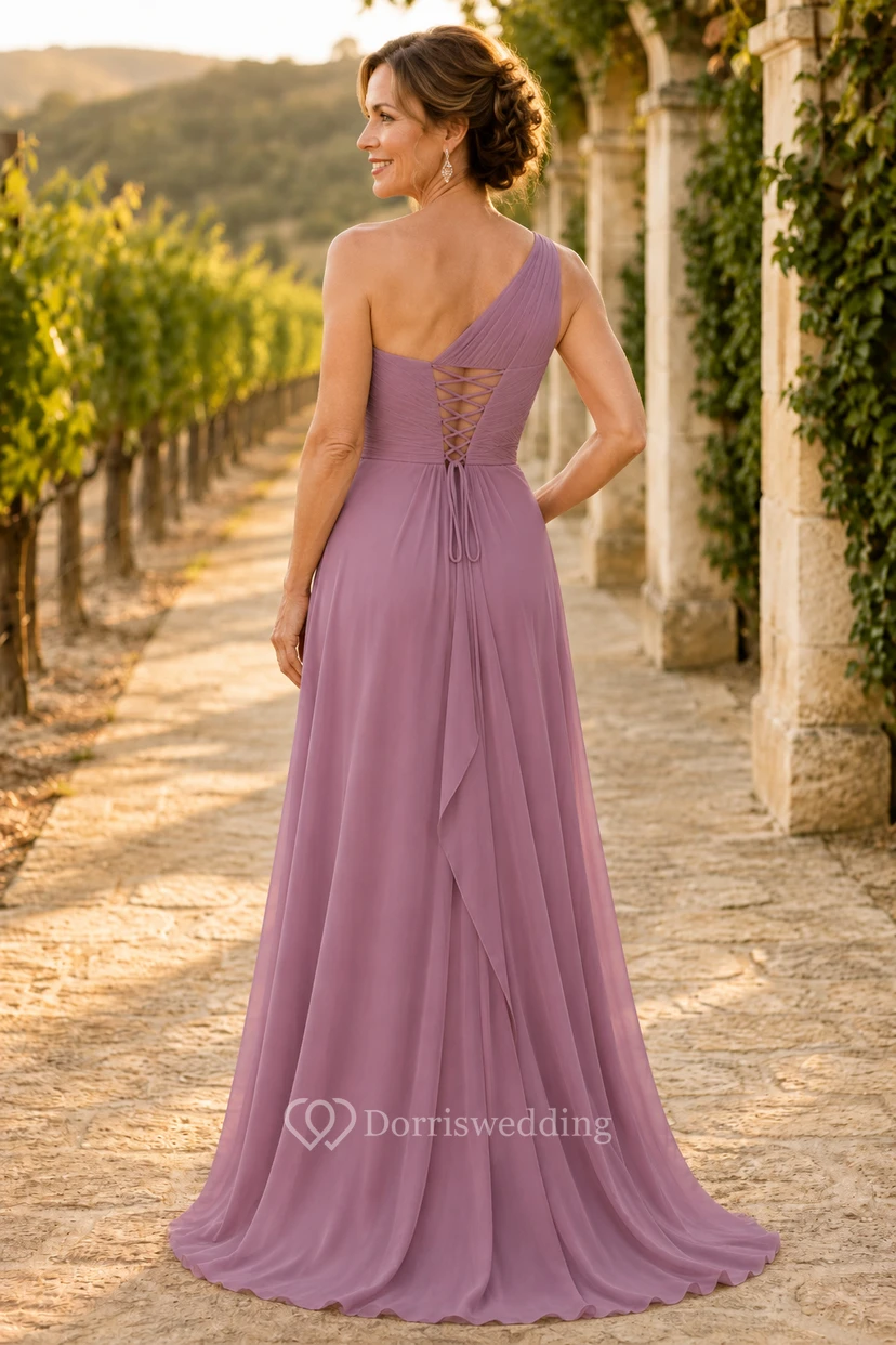 Mauvefarbenes, einseitig schulterfreies Chiffon-Kleid in A-Linie mit Schnürung am Rücken view 2