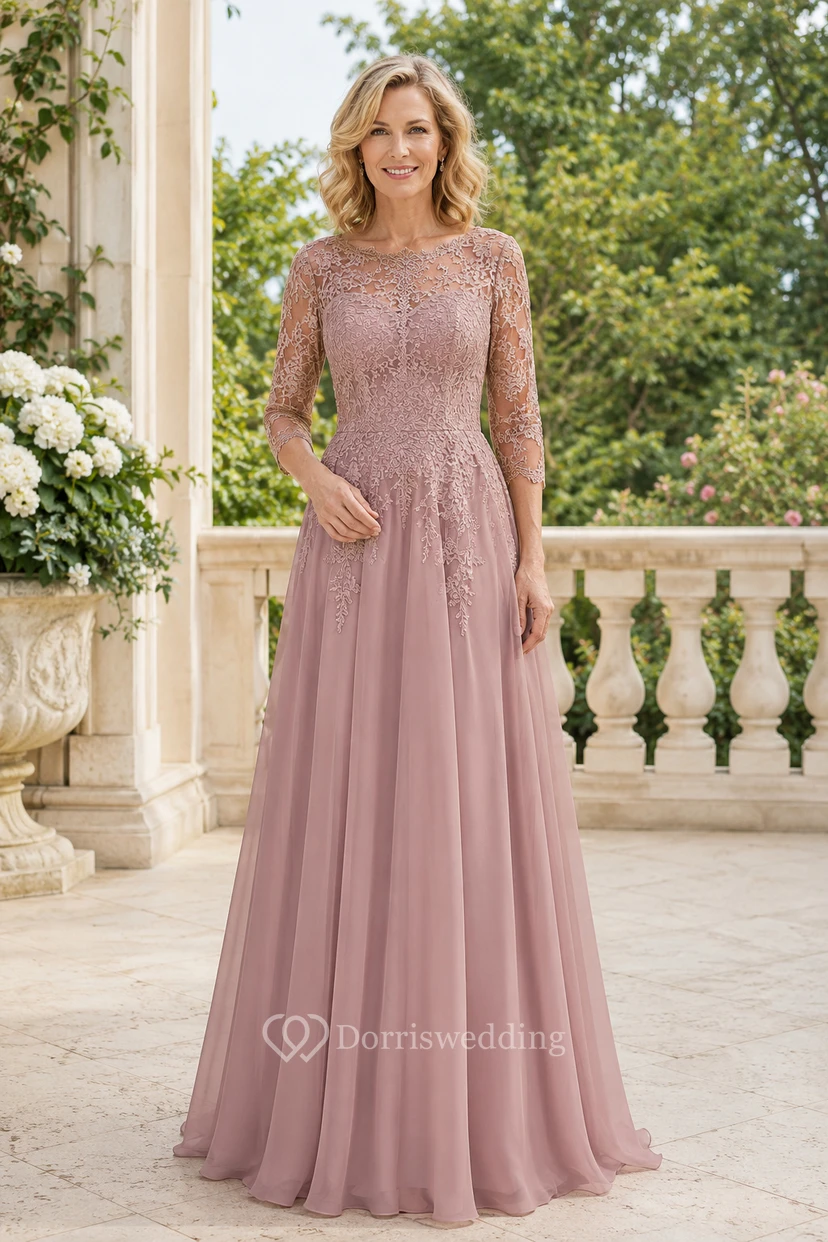 Mutterkleid in A-Linie mit langem Ärmeln, Oberteil aus Spitze in Altrosa