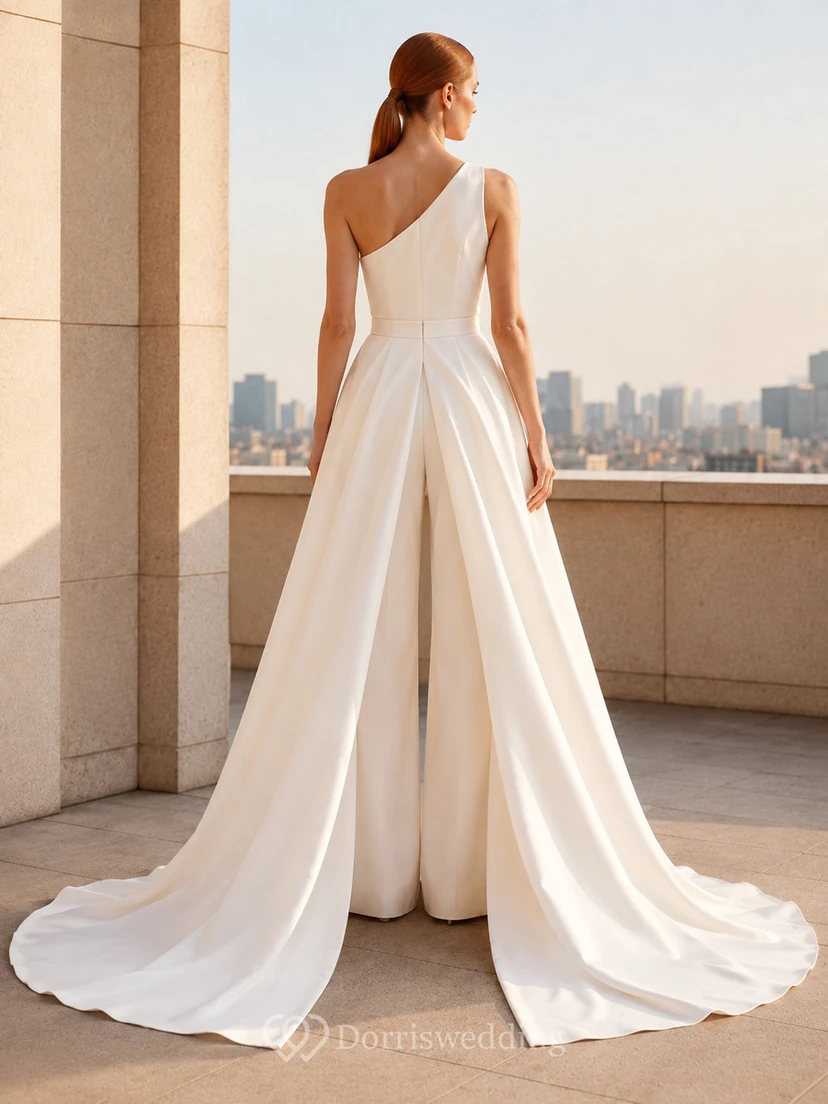 Combinaison asymétrique en satin avec jupe drapée et traîne courte, robe de mariée view 2