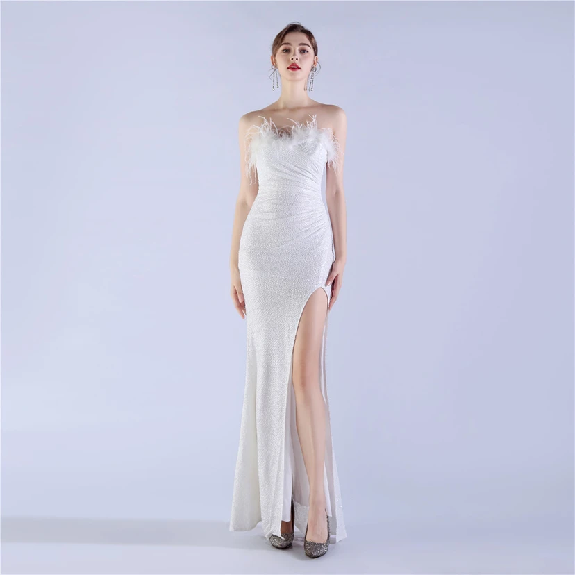 Ostrich Feather Plus Folding And Wrinkling Technology Host Dinner High-End Evening Dress view 46