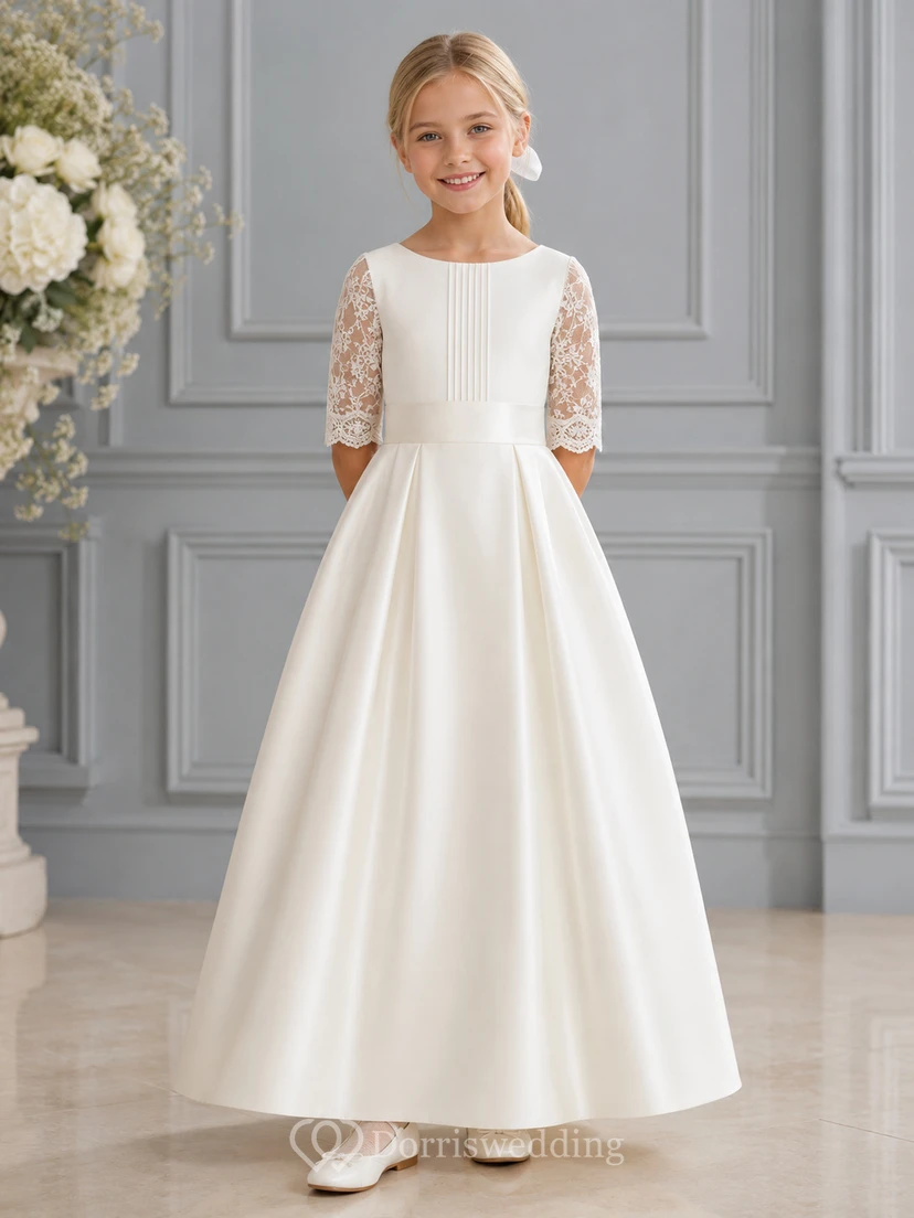 Weißes Kommunionkleid aus Satin mit eckigem Ausschnitt und Dreiviertelärmeln aus Spitze