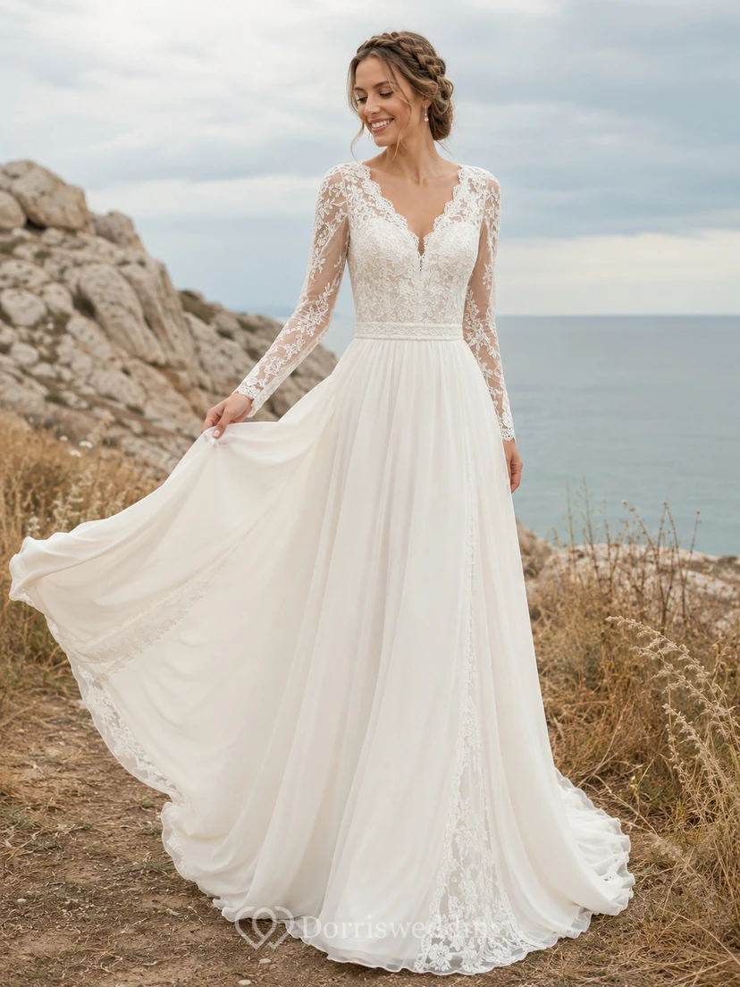 Boho V Neck Long Illusion Lace Sleeve Chiffon Sweep Wedding Gown