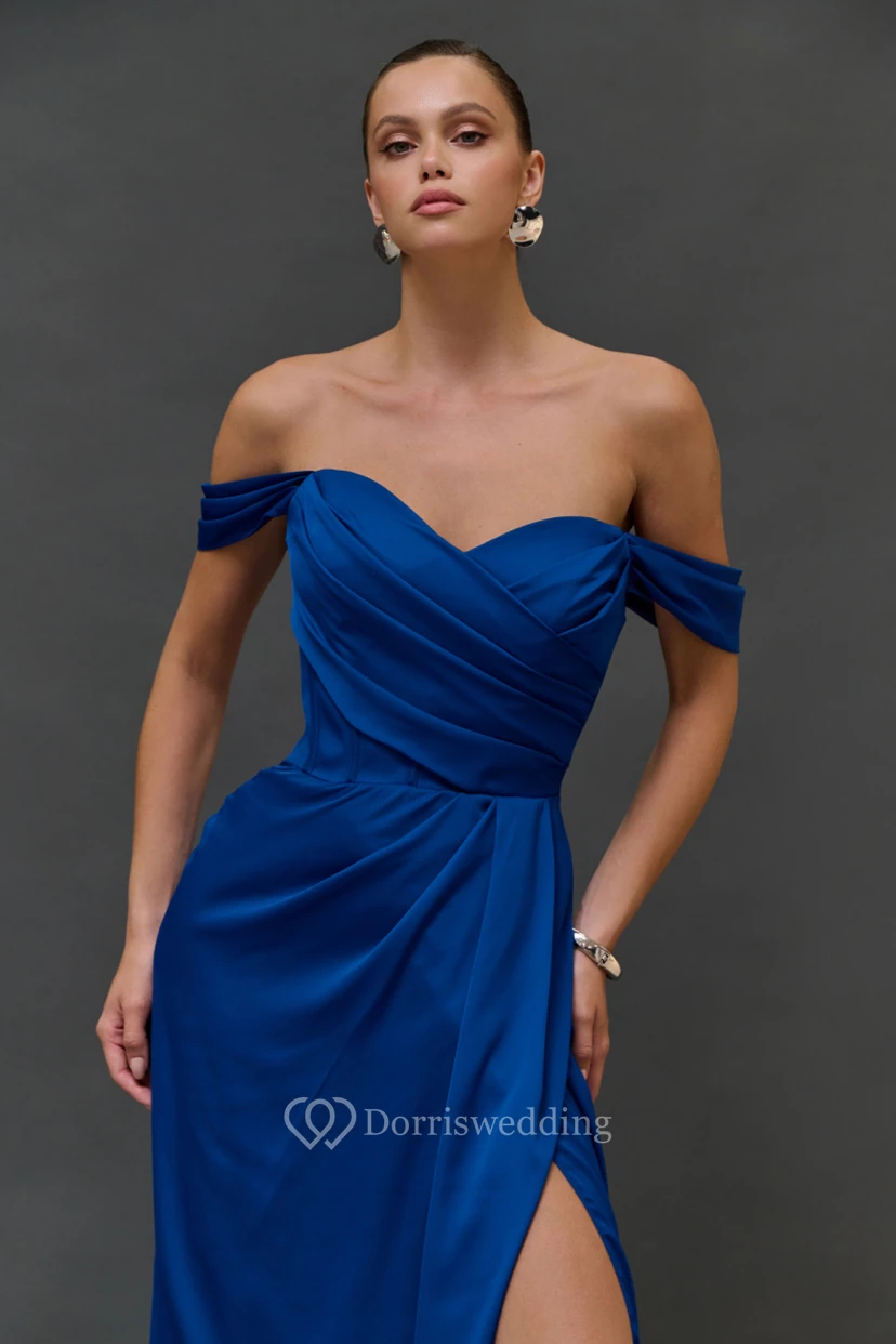 Off-the-shoulder Criss-cross Sheath Split Blue Dress view 3