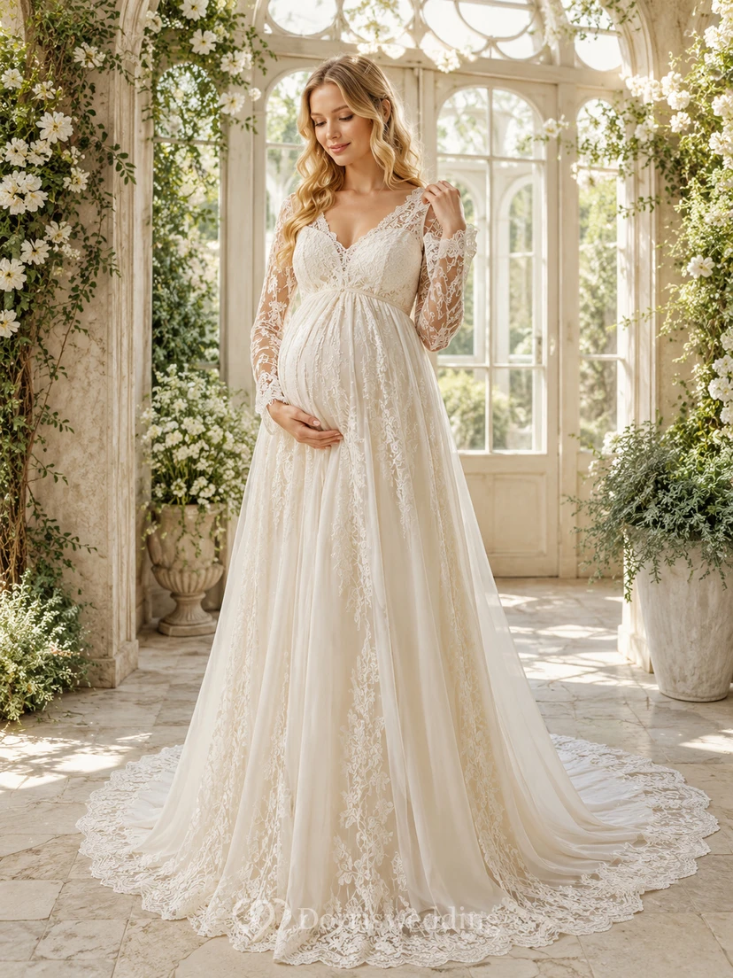 Maternity Wedding Dress V-Neck Long Sleeve Lace Garden Bridal Gown with Chapel Train
