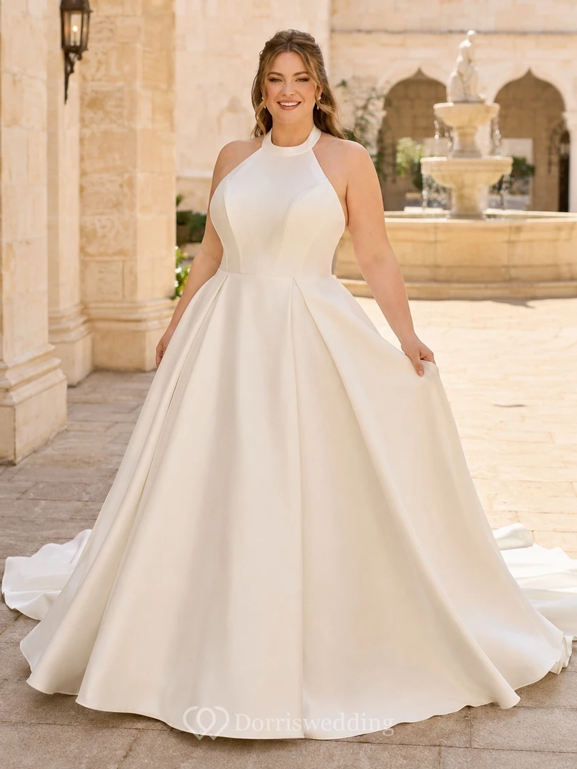 Vestido de novia formal sencillo con escote halter y corte en A, talla grande.
