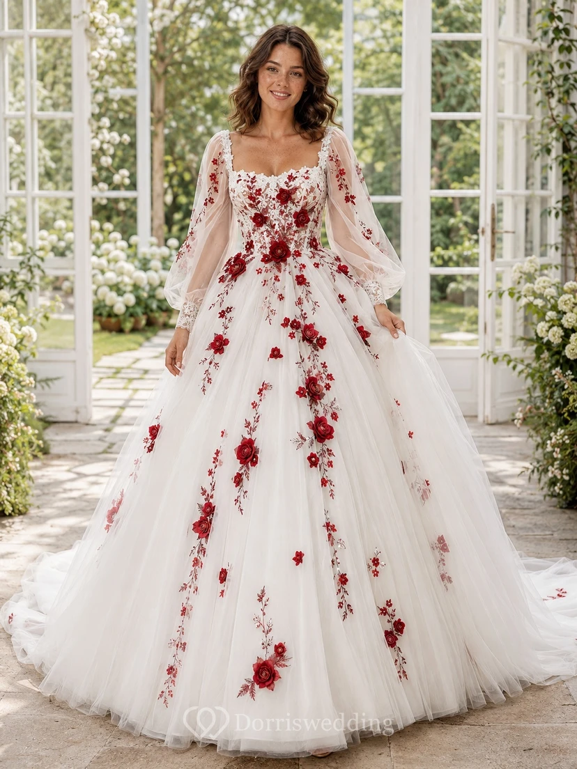 Rotes, geblümtes Ballkleid aus Tüll, Brautkleid mit V-Ausschnitt, langen Ärmeln und Kathedralenschleppe