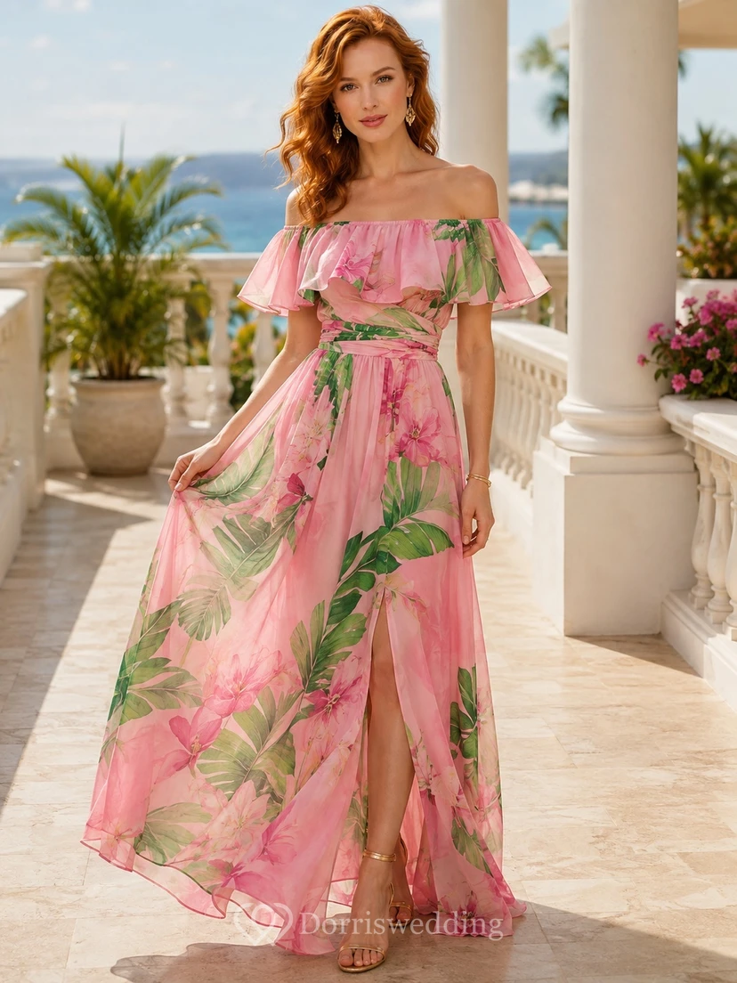 Pink Green Floral Print Off-Shoulder A-Line High-Low Chiffon Romantic Guest Dress